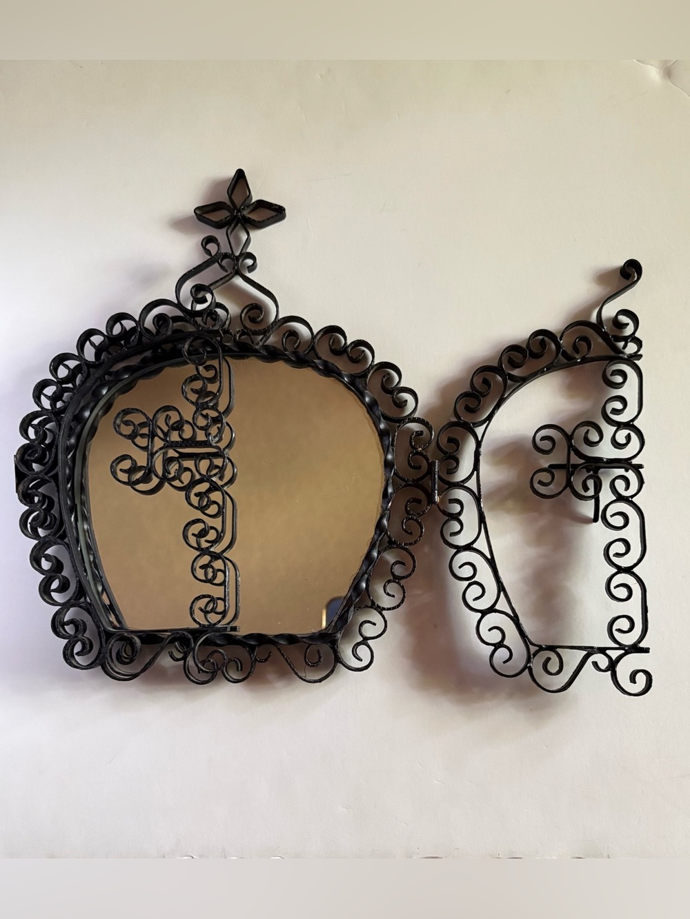 Ornate 1960’s Wrought-Iron Tri-Fold Mirror with Filigree Scrollwork